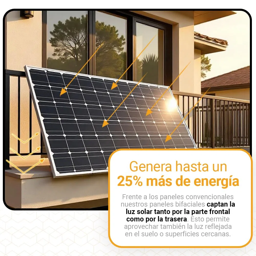 Kit Solar Balcón Svan con 2 Paneles Solares Bifaciales de 435W, Microinversor Wifi 800W, Plug & Play, Control desde APP, Protección IP68, Soporte de Montaje, Uso Exterior