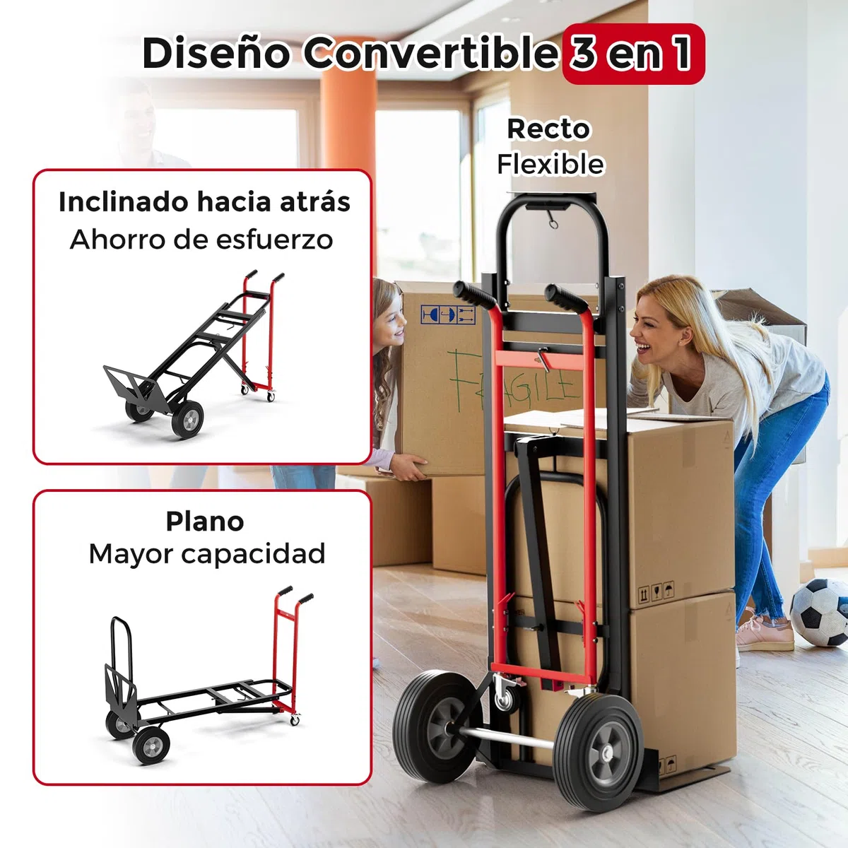 COSTWAY 3 en 1 Carretilla de Mano Plegable, Carretilla de Transporte Convertible con 4 Ruedas de Goma, Cuerda de sujeción, Carretilla de Carga Industrial con Plataforma Plegable, Carga 450 kg (Rojo)