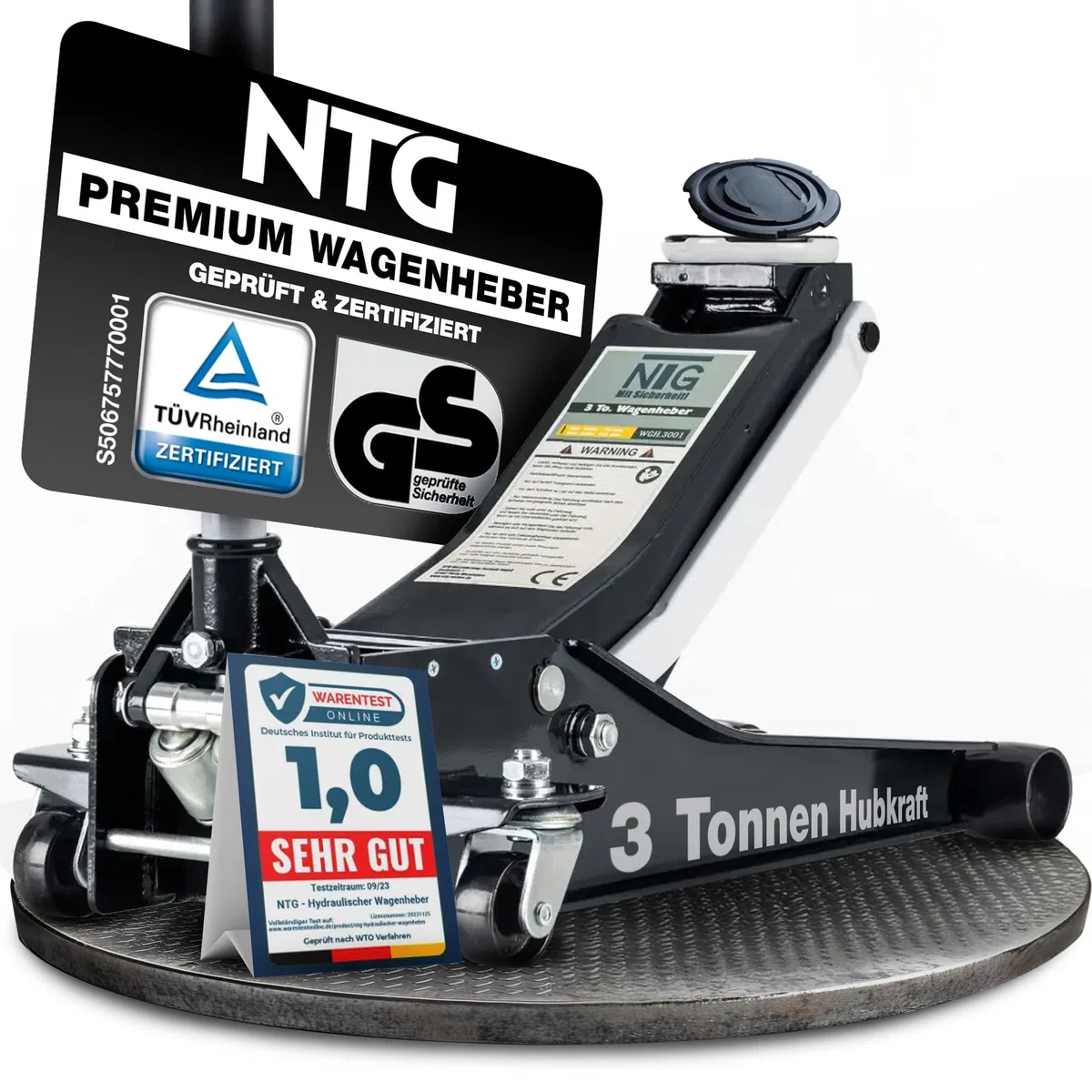 NTG Gato hidráulico 3T (elevación 75-505 mm), Doble Cilindro, extraestable, Profesional, 3000 kg, Plano, para SUV y Coches Bajos, Color Negro