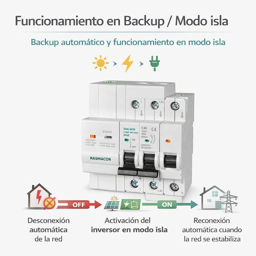 Tóscano 10004923 COMBI-PRO-MAX-2P40 | Backup y Modo Isla | Sistema de Control y Protección para Instalaciones Fotovoltaicas | IGA 2P 40A 6KA 230VAC con Protección de Sobretensiones