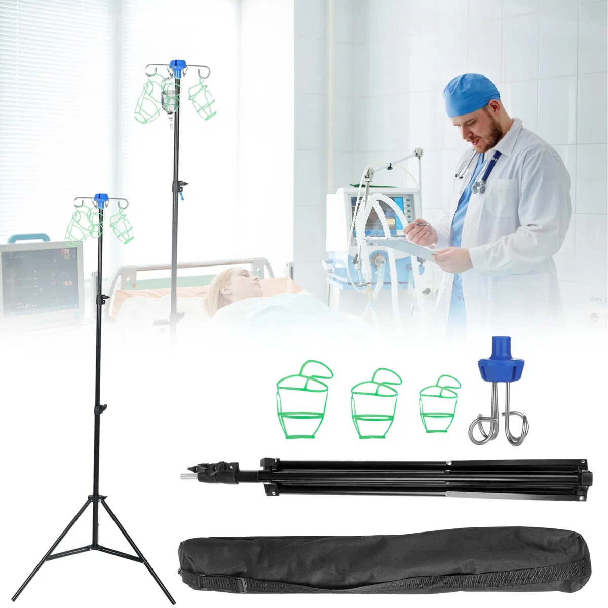 Soporte de poste IV con 4 ganchos y 3 bolsas de red, soporte retráctil para bolsa de goteo intravenosa, trípode plegable, soporte móvil portátil para botellas de goteo para cuidado del hogar