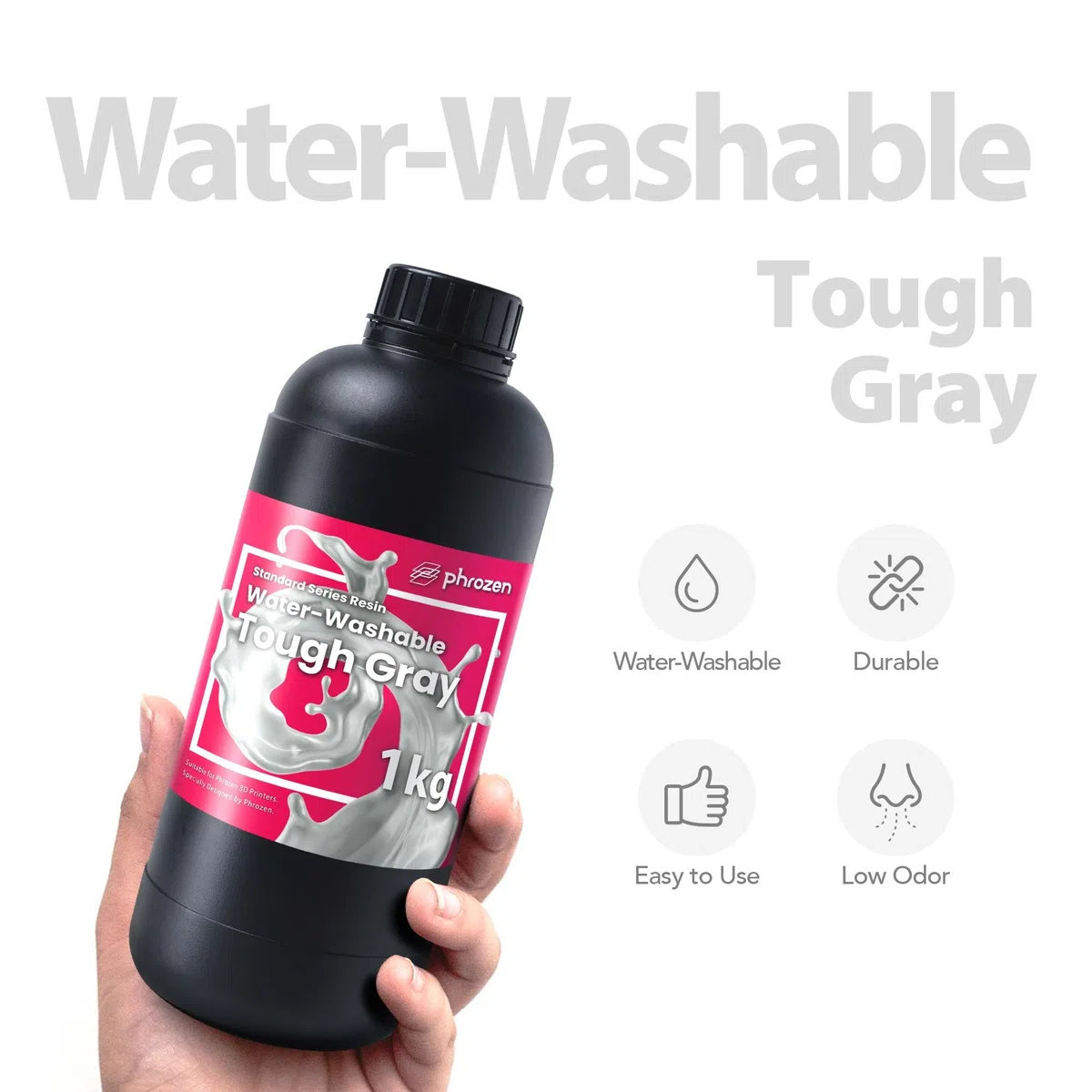 Phrozen Water-Washable Tough | Resina Lavable en Agua para Impresoras 3D | Resina Fotopolímero UV 405nm para Impresoras LCD | Bajo Olor, Curado Rápido | Gris (1kg)