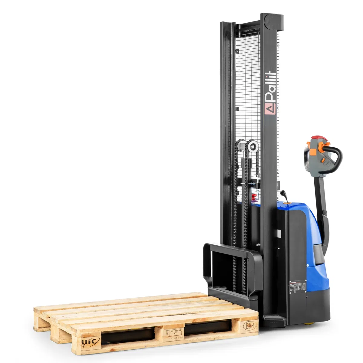 Transpaleta eléctrica Pallit BUDGET-XS | 1600 mm altura de elevación | 1200 kg capacidad de carga | incl. 2 baterías de plomo-gel | apilador eléctrico