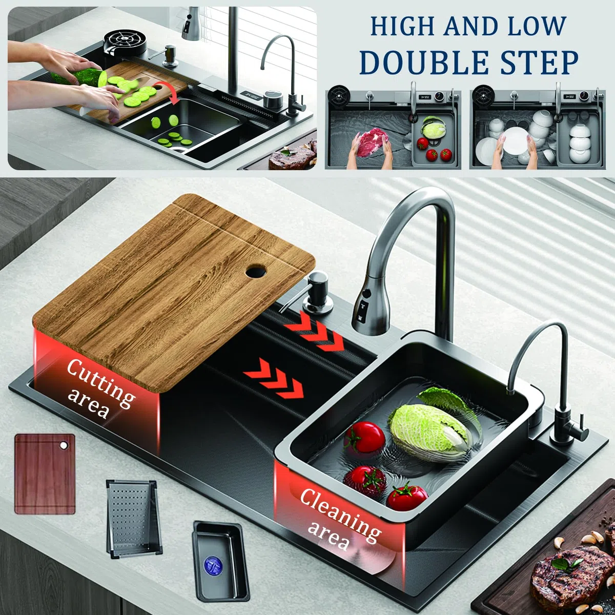 Fregadero de Cocina de 75x45cm, Moderno fregadero en cascada 1 seno, lavadero cocina en acero inoxidable, Fregadero Multifuncional con Grifo, Escurridor, Sifón y Kit de Rebosadero