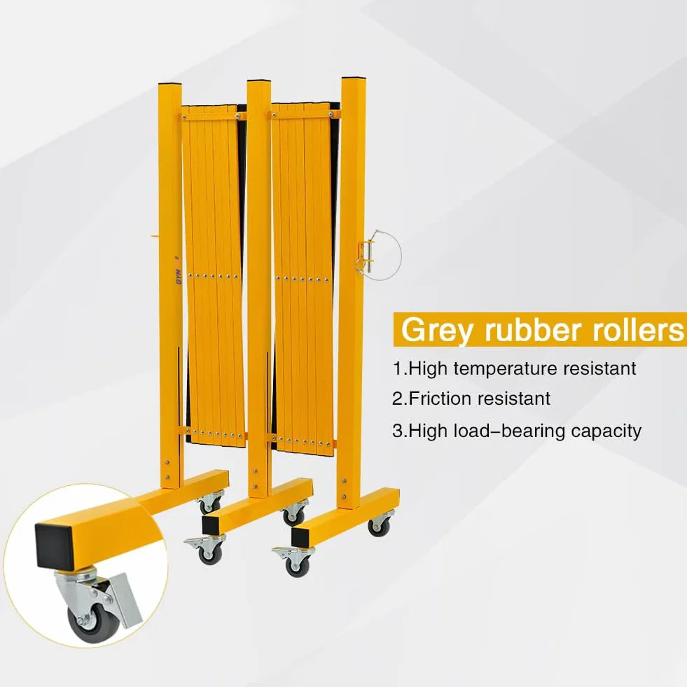Barricada de metal expandible industrial de 7 metros, amarillo y negro, barrera de seguridad fácil de instalar con ruedas, barrera de seguridad móvil flexible, valla de tráfico ajustable