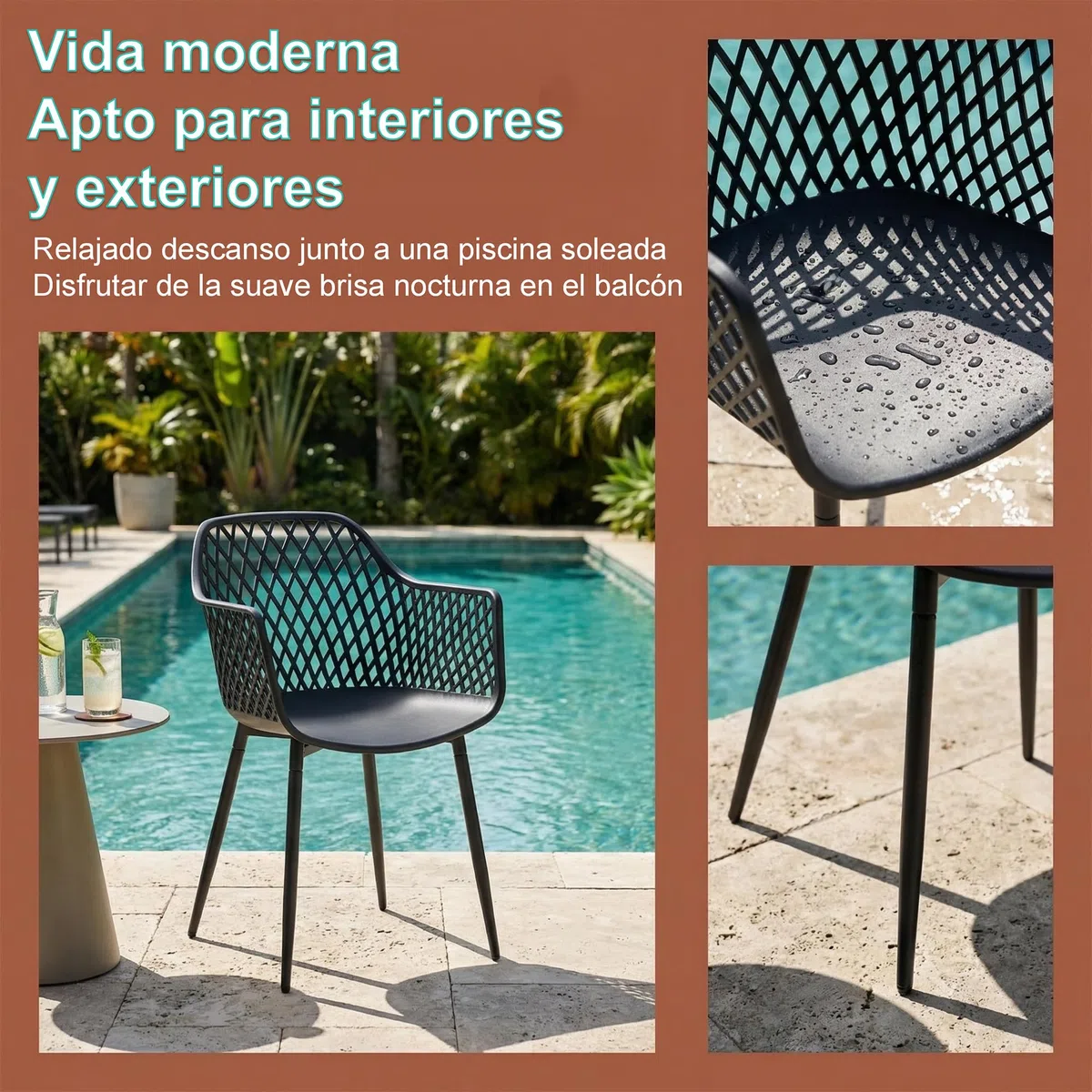 Juego de 6 Sillas de Comedor Modernas de Plástico con Patas de Metal para Patio, Negro