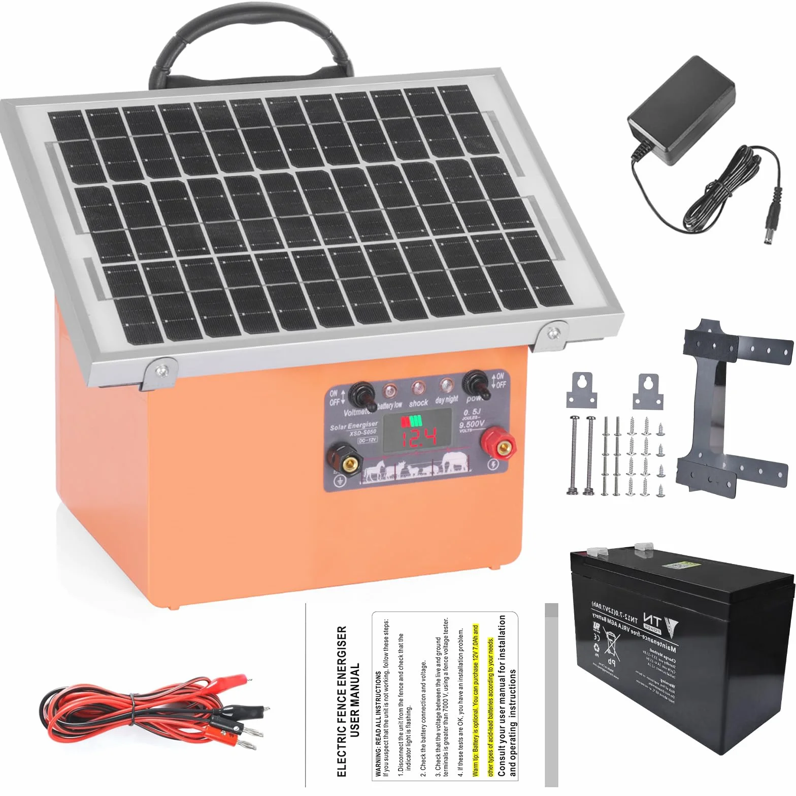 32KM Solar Pastor Electrico, cerca eléctrica Controlador de 0.5J / 9.5KV, con 12V 7Ah batería de Panel Solar de 7.5W, para prevención de vida silvestre, granjas, aves de corral, jardines