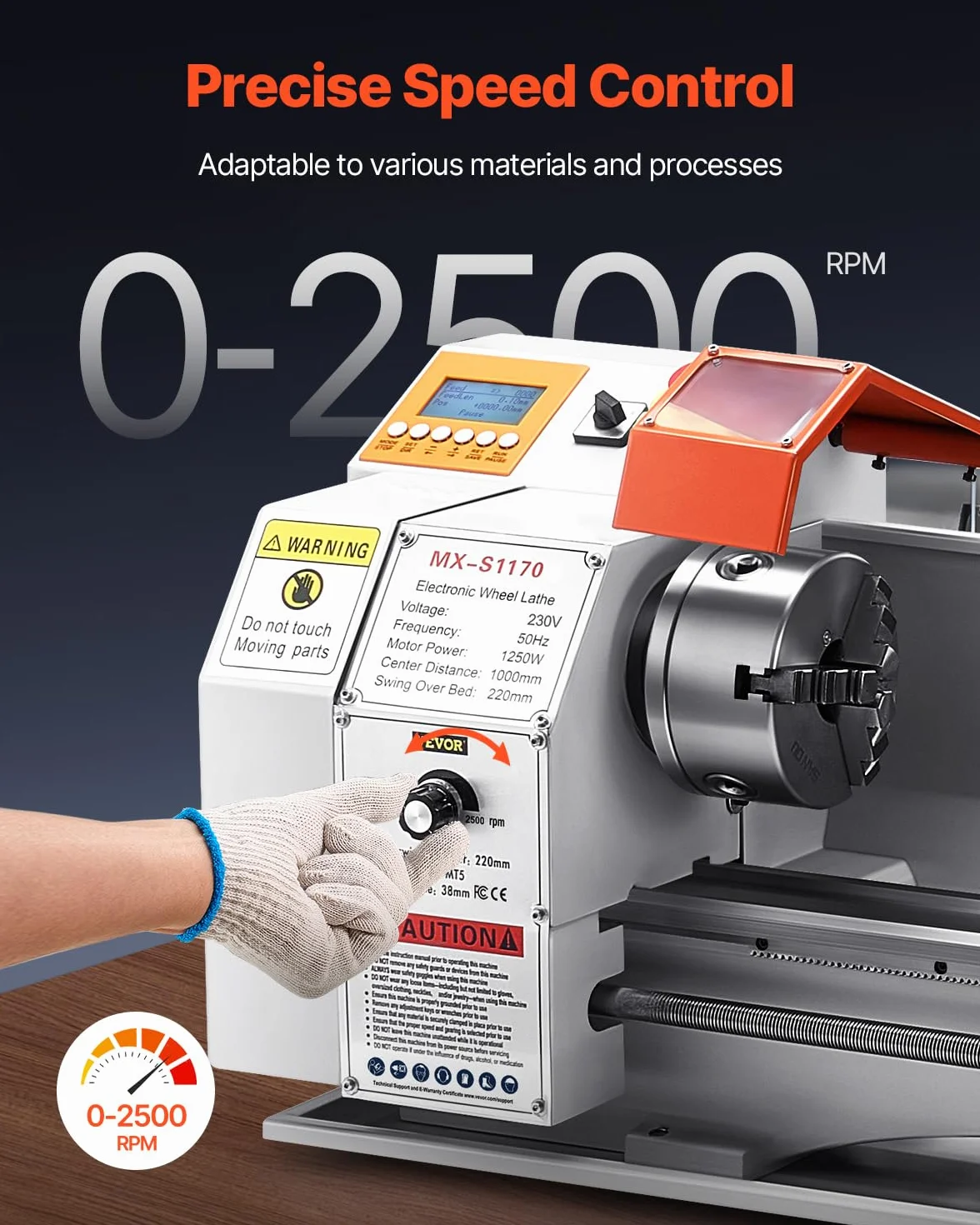 VEVOR Torno de Metal, 220 x 1000 mm Velocidad Variable 2500 RPM, 1250 W Torno de Banco con Alimentación Automática, Sistema de Roscado Electrónico, para Mecanizar Metales Blandos, Plástico