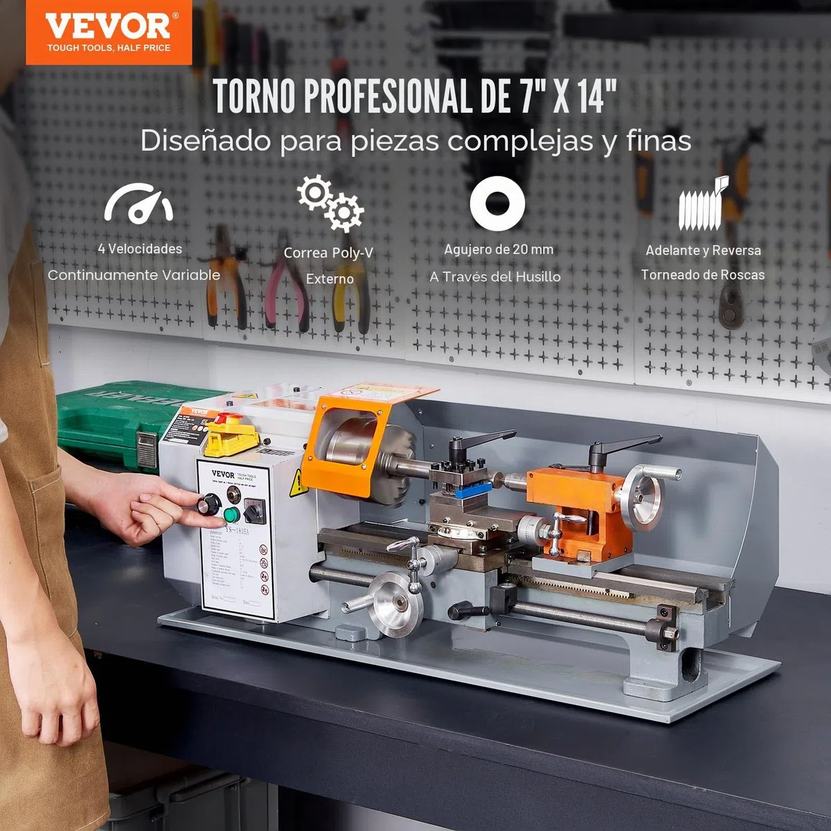 VEVOR Torno de Metal de Precisión 7" x 14" Mesa de Torno de Metal 500 W Velocidad Variable Continua 0-2200 rpm Motor de Cepillo de Metal Caja de Herramientas para Mecanizado de Piezas de Precisión