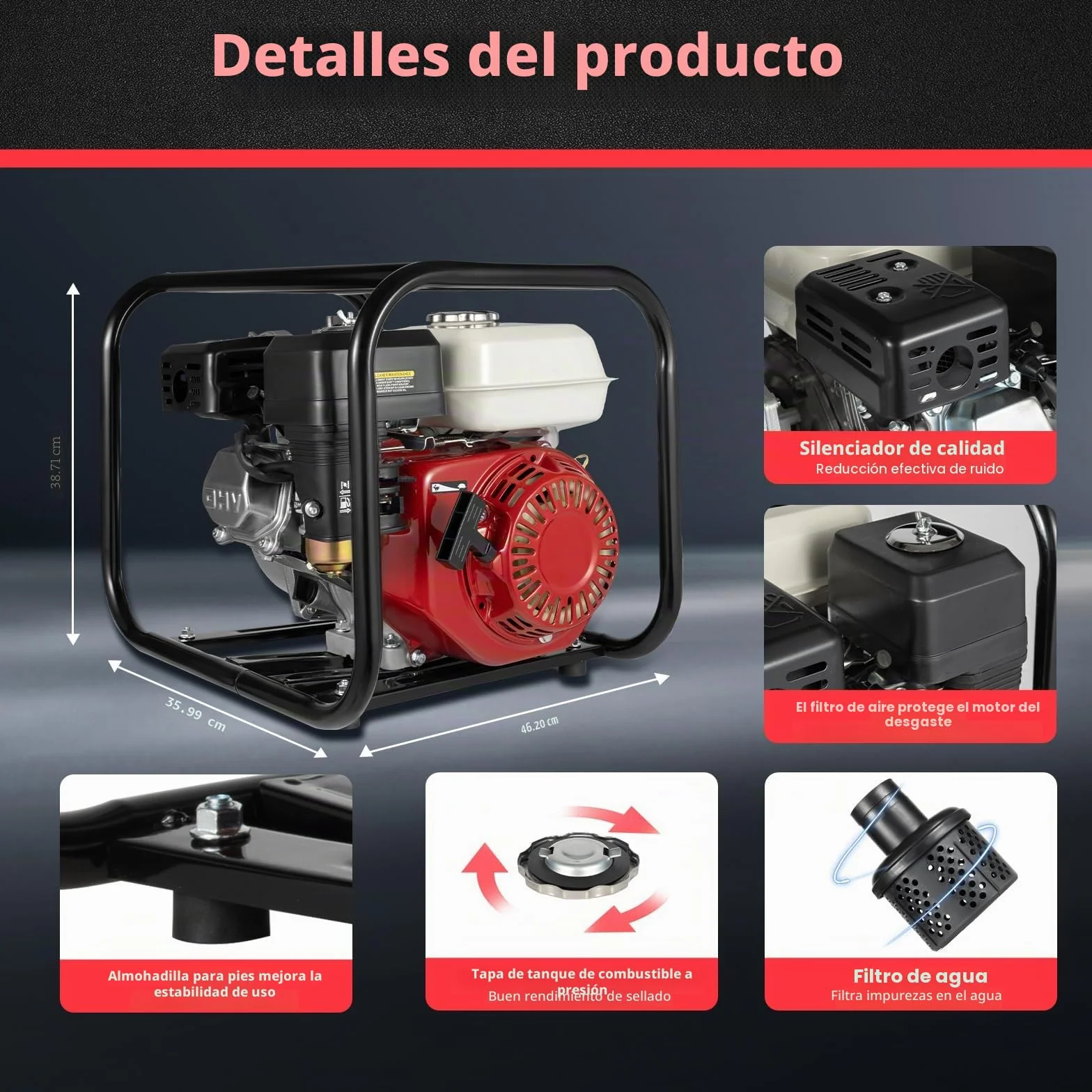 Bomba de agua de gasolina de 4 tiempos, 6,5 CV, 210 cc, bomba de agua sucia con 36 m³/h (60.000 l/h) y altura de extracción de 28 m, conexión de 2 pulgadas, profundidad de aspiración de 7 m para