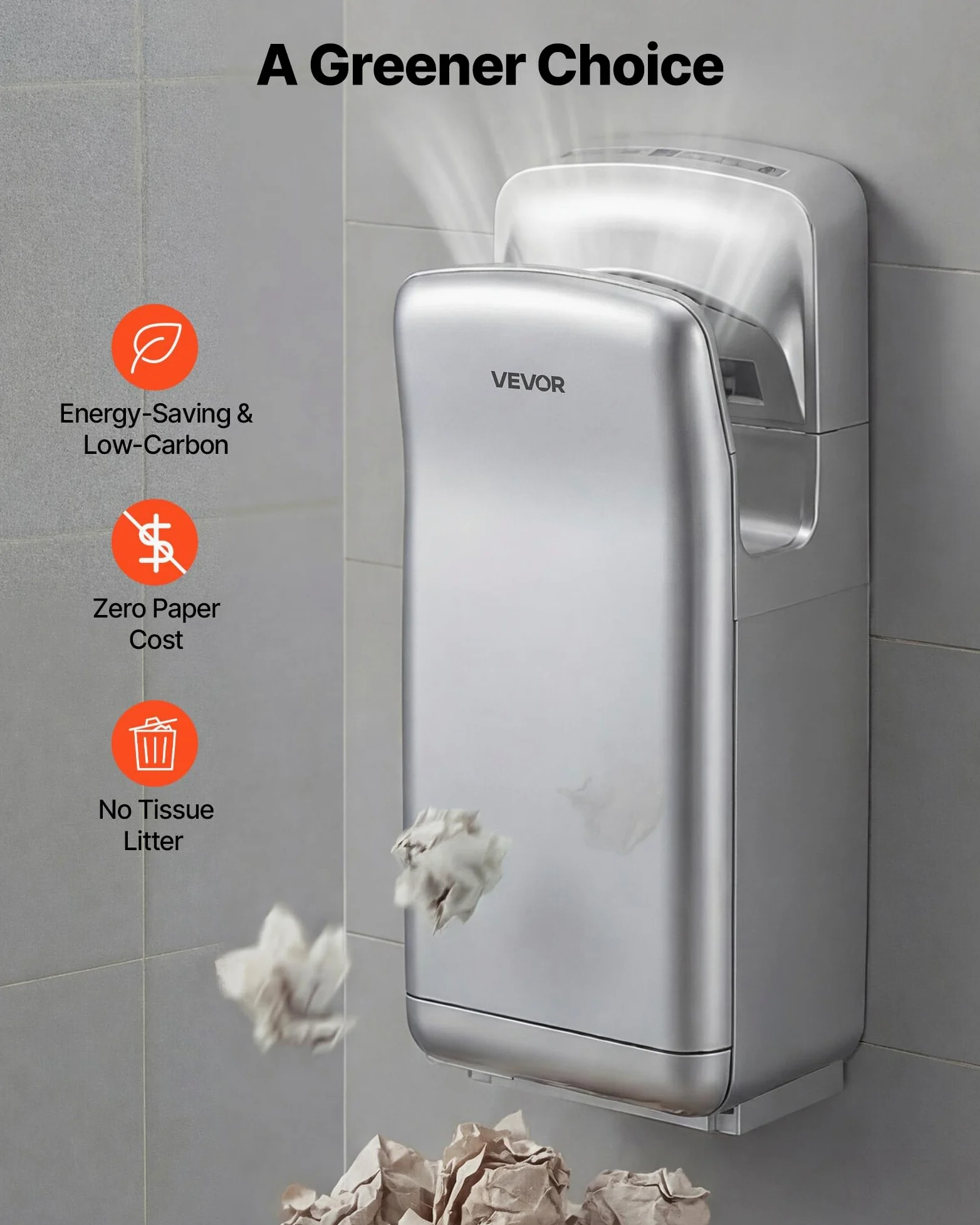 VEVOR Secador de Manos Eléctrico con Filtro HEPA, 1950 W, 19000 RPM, con Flujo de Aire de 100 m/s Doble Cara, Sensor Infrarrojo para Centros Comerciales Oficinas Hoteles Baños Hogares, Color Plateado