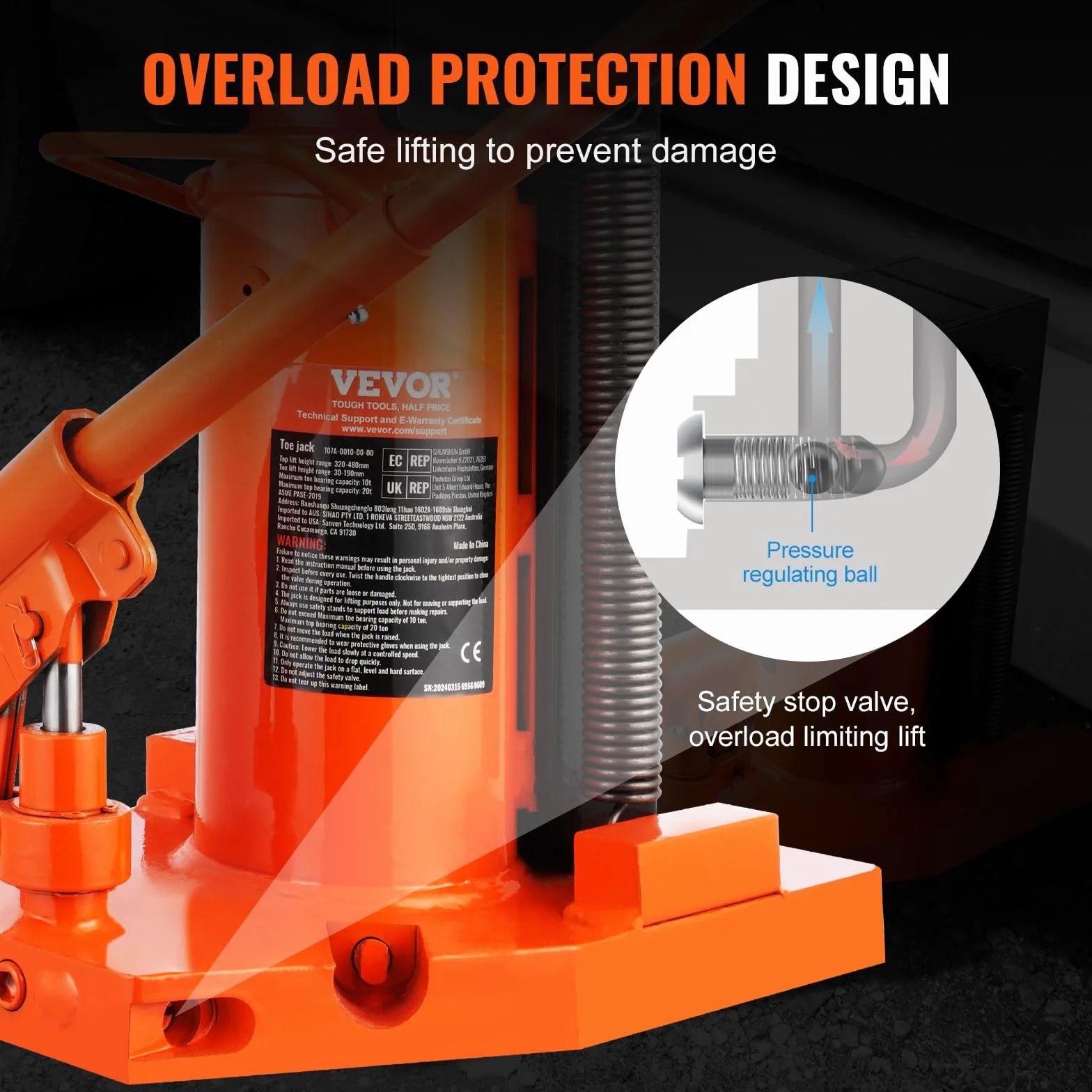 VEVOR Gato hidráulico de aire, plataforma elevadora, 5 t punta, 10 t punta, altura dedos 20-173 mm, altura superior 287-440 mm