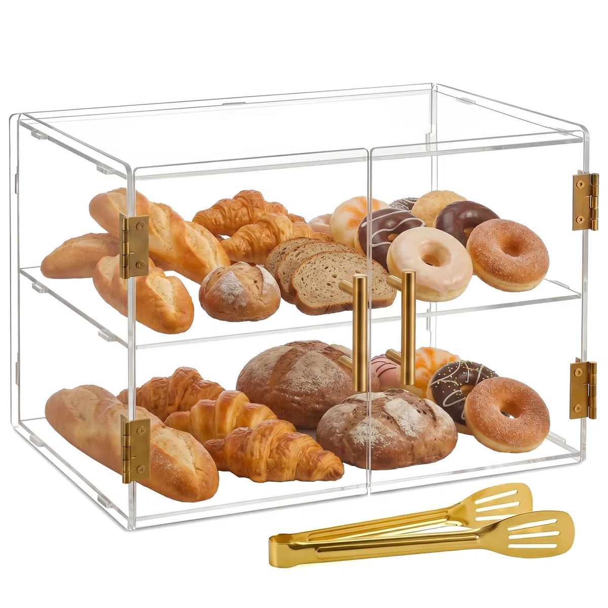 Vitrina expositora de panadería de 2 niveles con puerta elástica, vitrina acrílica comercial para mostrador de repostería, caja exhibidora de alimentos de 18.9" x 9.29" x 13.39"