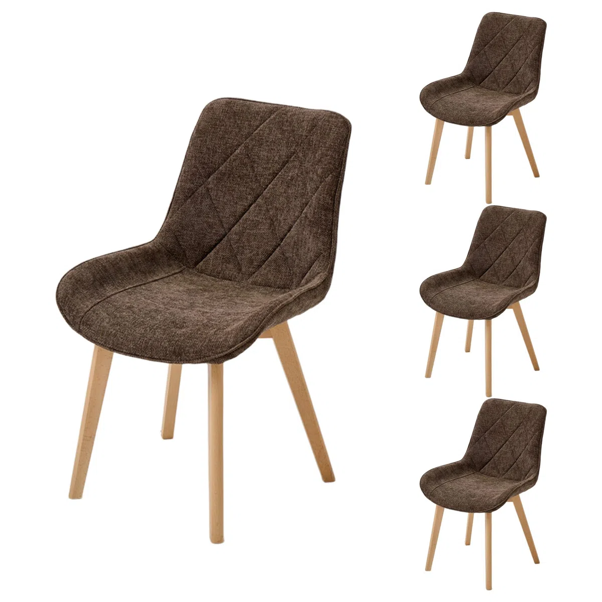 Juego de 4 Sillas de Comedor Tapizadas de Lino con Patas de Madera Maciza, Color Marrón