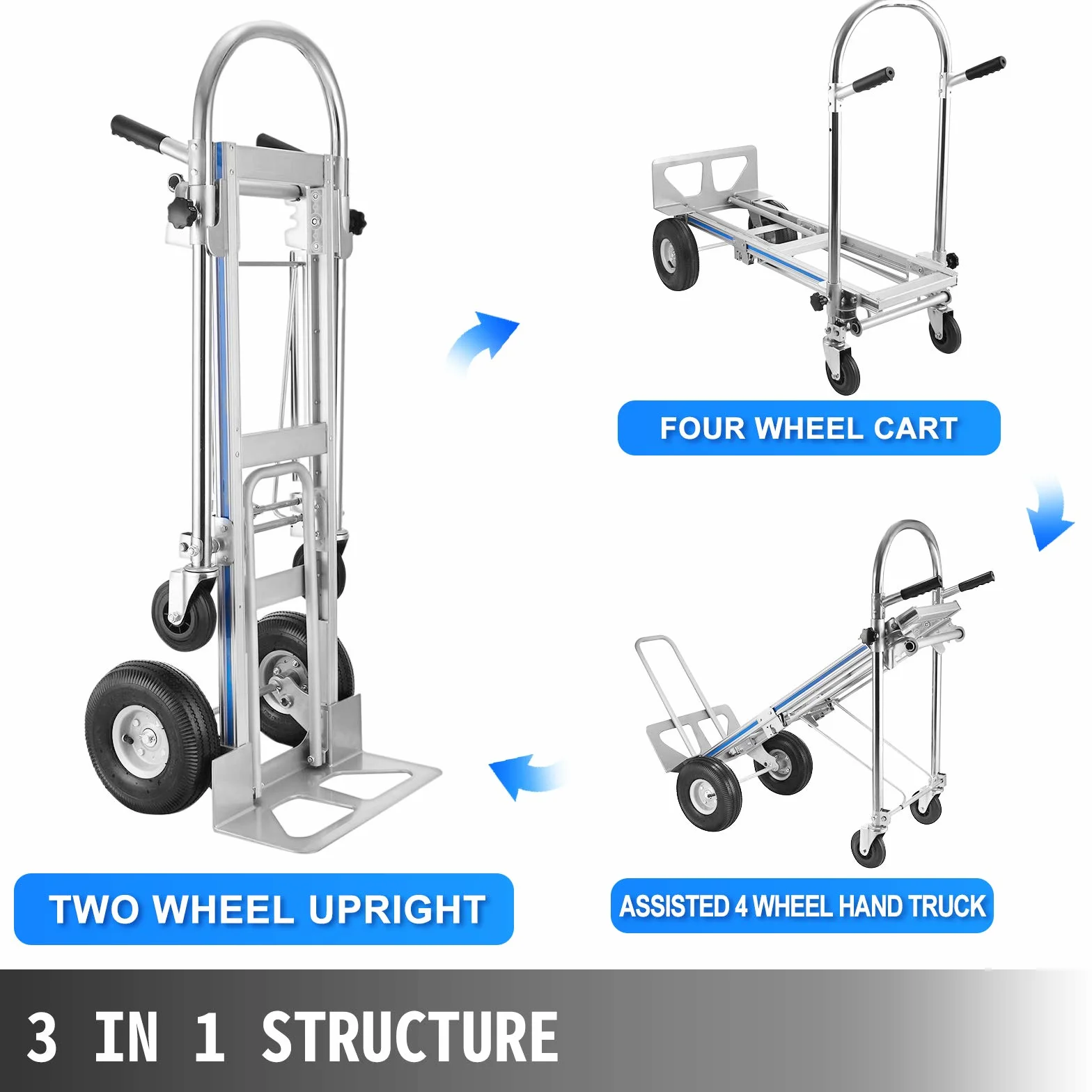 VEVOR 3 en 1 Carretilla de Mano Plegable 350 kg, con Ruedas, Carro de Transporte Apilable Manipulación Manual de Servicio Pesado, Fácil de Operar, Capacidad de Carga de 350 kg, Color Plata