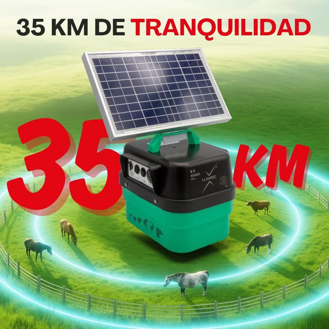 Pastor eléctrico solar Llampec Mod.30S con panel 12V 10W incluido – 3,5 J, 10.000 V y 35 km de alcance – Ideal para mascotas, ganado equino, vacuno, porcino y animales salvajes – Fabricado en España