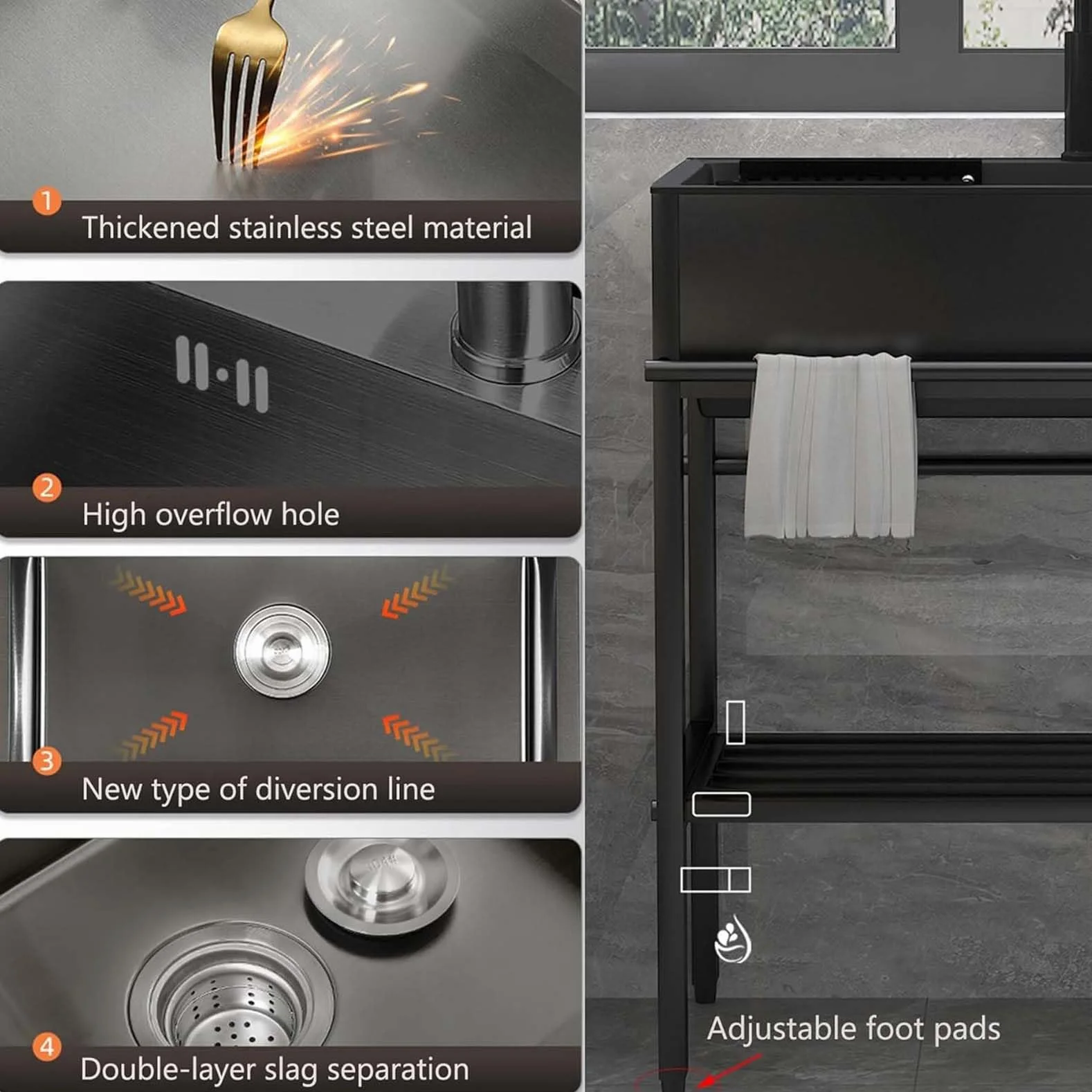Fregadero de pie doble con estantes 68 cm x 45 cm x 85 cm para catering cocina restaurante