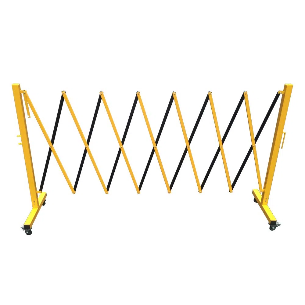 Valla de seguridad de 3,6 m, para exteriores, flexible, móvil, expandible, con ruedas, para escuelas, fábricas de hospitales, color negro y amarillo