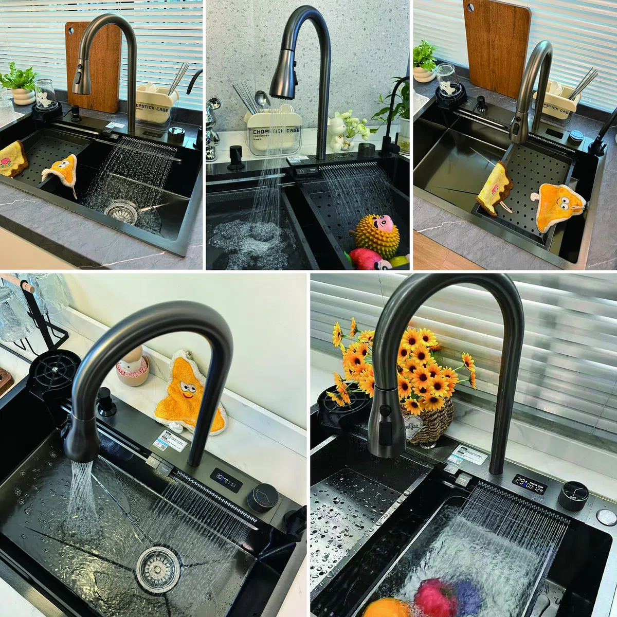 Fregadero de Cocina de 75x45cm, Moderno fregadero en cascada 1 seno, lavadero cocina en acero inoxidable, Fregadero Multifuncional con Grifo, Escurridor, Sifón y Kit de Rebosadero