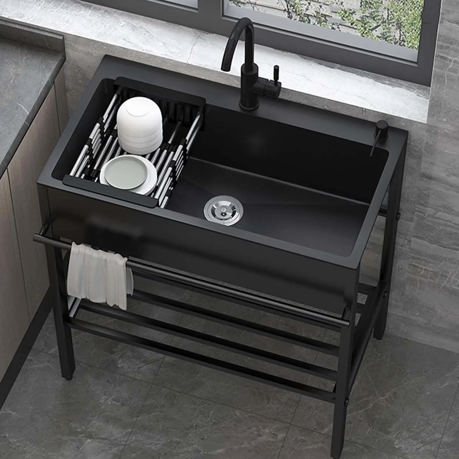 Fregadero de pie doble con estantes 68 cm x 45 cm x 85 cm para catering cocina restaurante