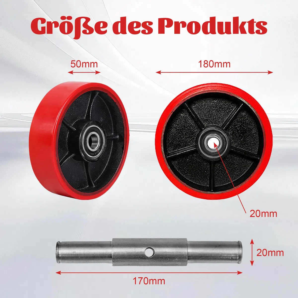 2 piezas de ruedas para transpaleta de 180 x 50 mm con rodamientos de bolas, ruedas PU para transpaletas, ruedas de repuesto con eje