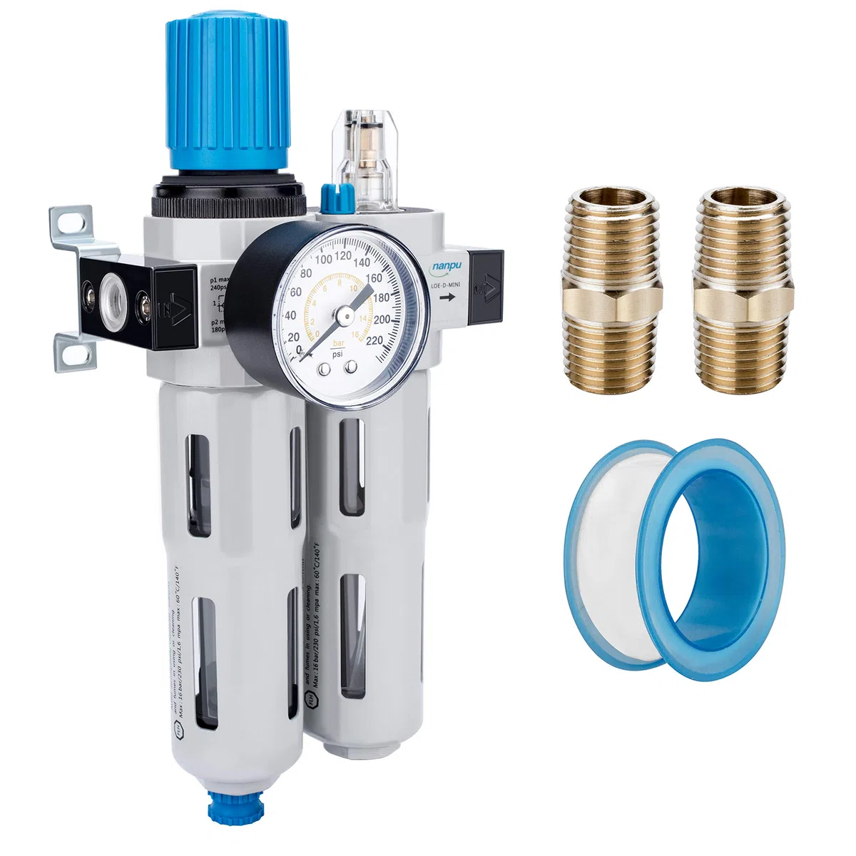 NANPU 3/8" BSP Filtro, Regulador y Aparato Lubricante de Aire, Alta Presión, Aleación de Zinc, Elemento de Latón de 5 μm, Drenaje Semiautomático, Soporte de Metal, Manómetro de 0-10 Bar