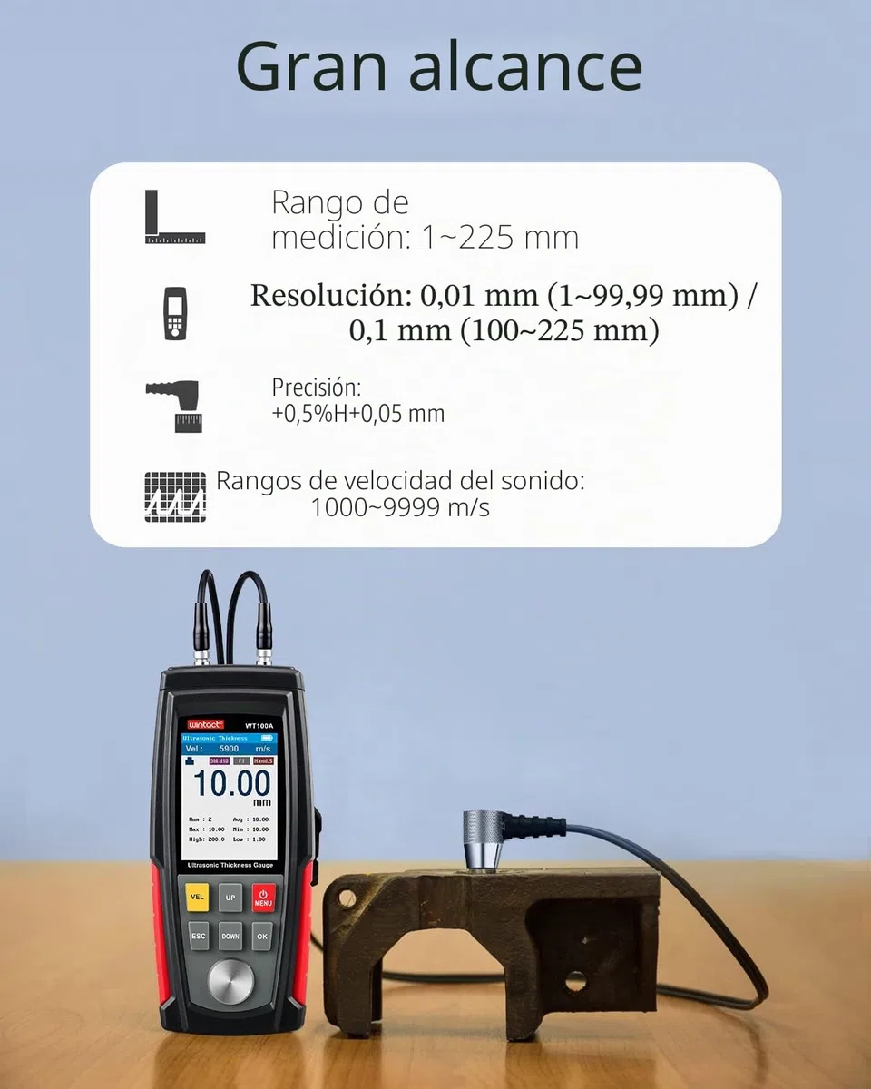 Medidor de espesor ultrasónico digital Wintact, rango de 1.00 a 300mm con sonda para medir materiales metálicos y no metálicos, acero, paredes de cilindros, plástico, vidrio, PVC, tuberías (WT100A)