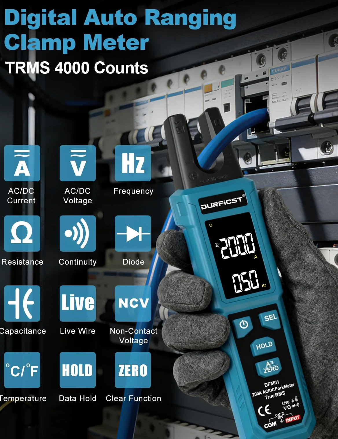 Pinza Amperimétrica Digital DURFICST de 4000 Cuentas, TRMS Amperímetro de Pinza con Medición de Corriente AC/DC de 200 A y Voltaje de 600 V, Prueba NCV, Medición de Capacitancia, Temperatura