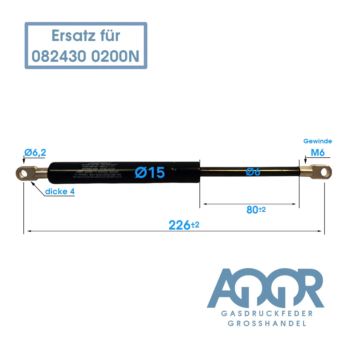 Resorte de gas de repuesto para Liftomat 082430 0200N de longitud, 226 mm, elevación de 80 mm, amortiguador de gas Kraft-200N con ojo (2 unidades)
