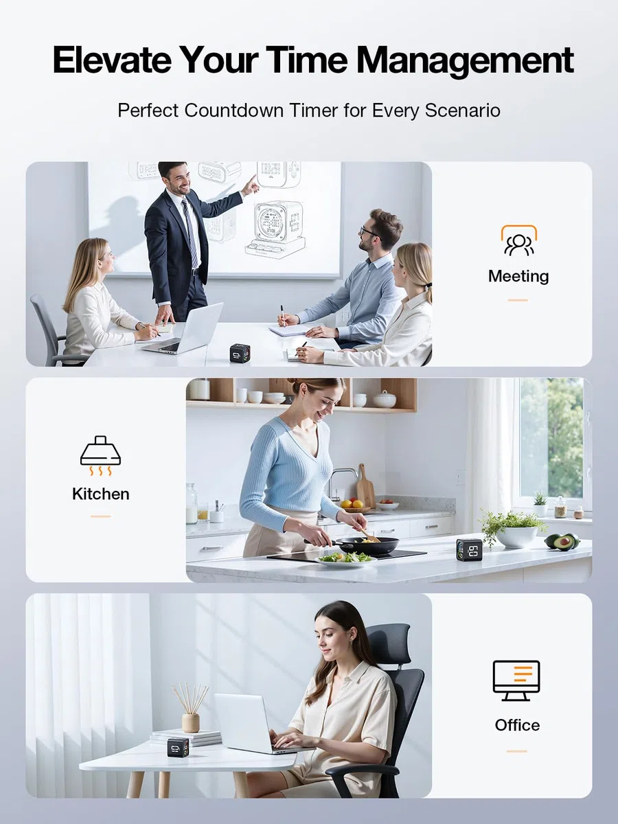Ticktime TK3 Temporizador Pomodoro con Presets 5/10/30/60 Min, Cuenta Regresiva, Cronómetro y Reloj LED, 3 Alarma, Vibración/Silencio/Sonido, Recargable, para TDAH Oficina Estudios Tareas, Negro