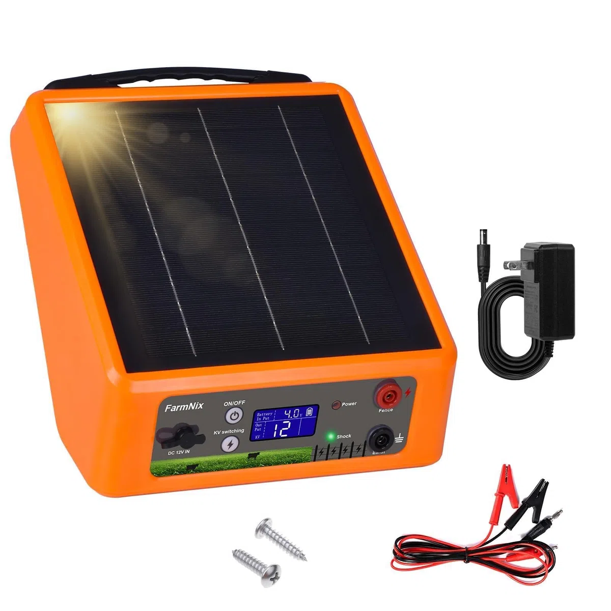 32KM Solar Pastor Electrico, 6-12 kV Pastor eléctrico Controlador para caballos, 2 J Valla eléctrica para cría de animales de pastor, para granja, pasto, jardín (naranja)