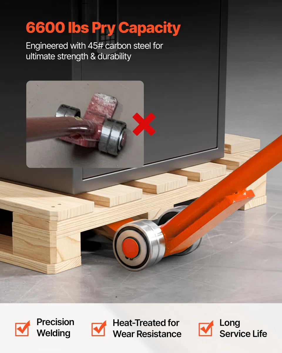 VEVOR Barra de Palanca de Acero al Carbono con Ruedas, Extractor de Palés 152,4 cm, Capacidad de Carga de 2994 kg, Herramienta de Desmontaje de Madera con Guantes para Desmontar Tablas de Extracción