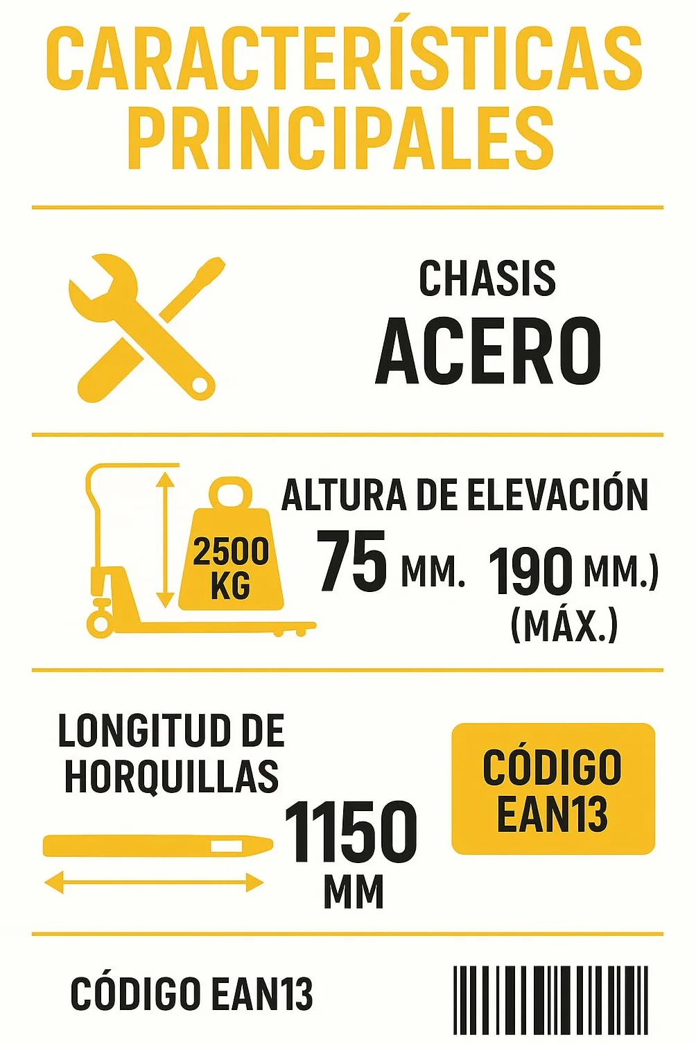 Benza Transpaleta BZ251150 Horquilla Larga, (Carga 2500 kilos, Horquillas Altura 75 – 190 mm, Estructura en Acero)