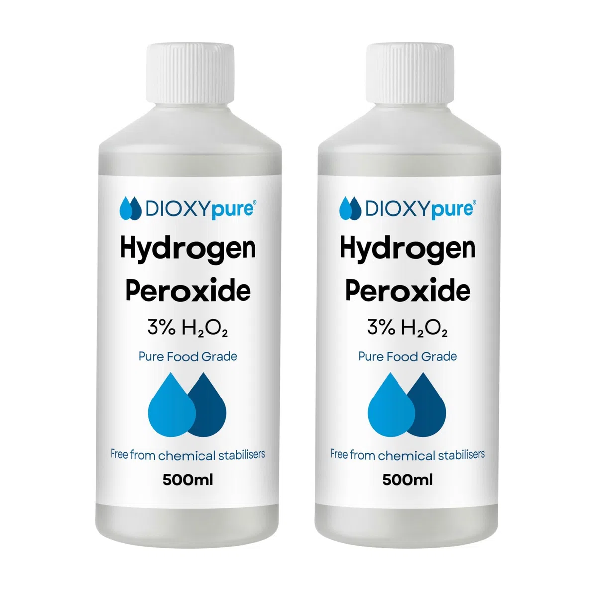 Paquete de 2 - Peróxido de Hidrógeno de Grado Alimenticio al 3% - 2 x 500 ml - H₂O₂ - Agua Oxigenada - Sin Estabilizadores ni Aditivos - Limpiador Multiusos Natural - Tapa a Prueba de Niños