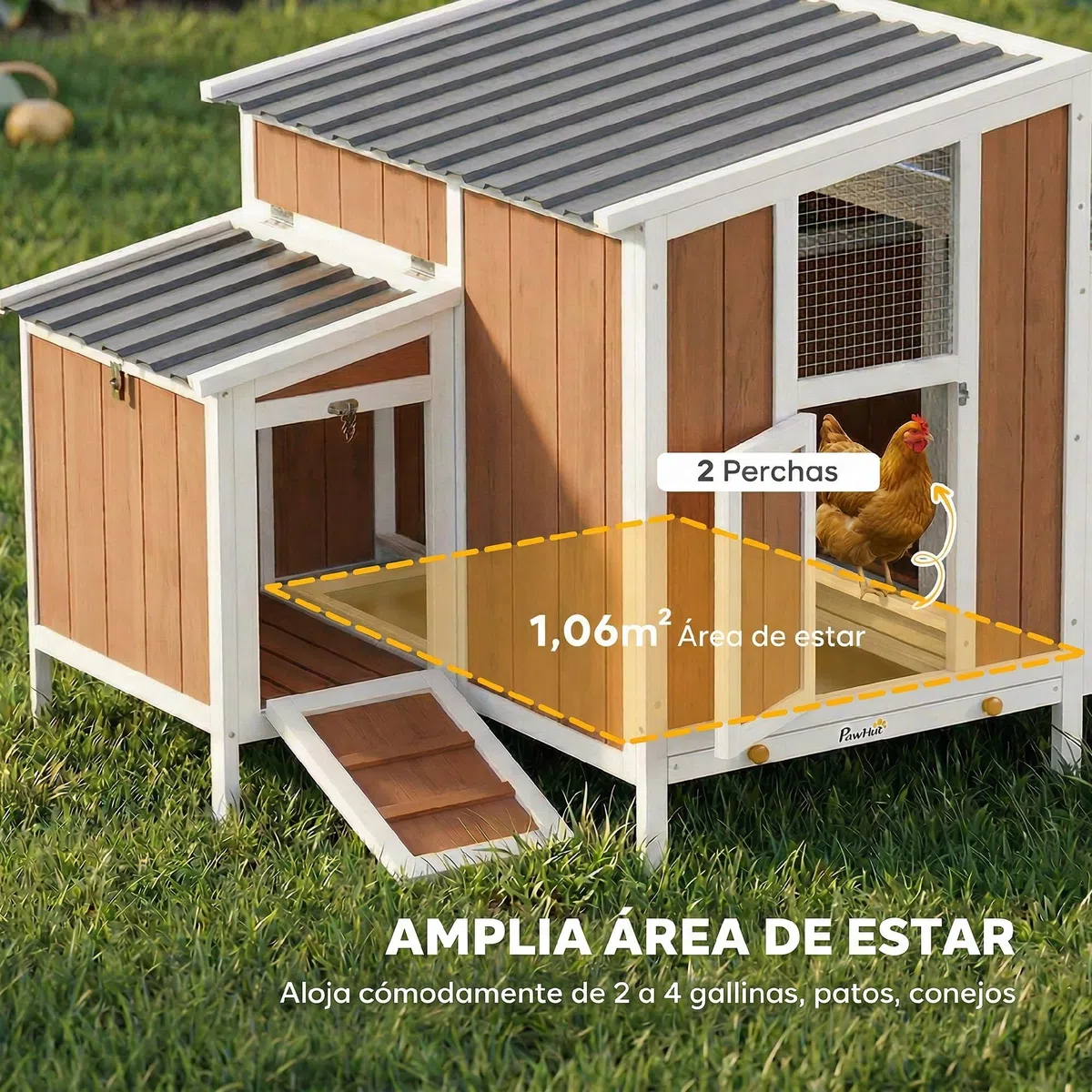 PawHut Gallinero para Exterior de Madera, 145x90x92 cm para 2-4 Gallinas, Gallinero con Nido, Casa Lateral, Bandeja Extraíble, Techo Impermeable, Puertas con Cerradura, Perchas, Conejera, Marrón Claro