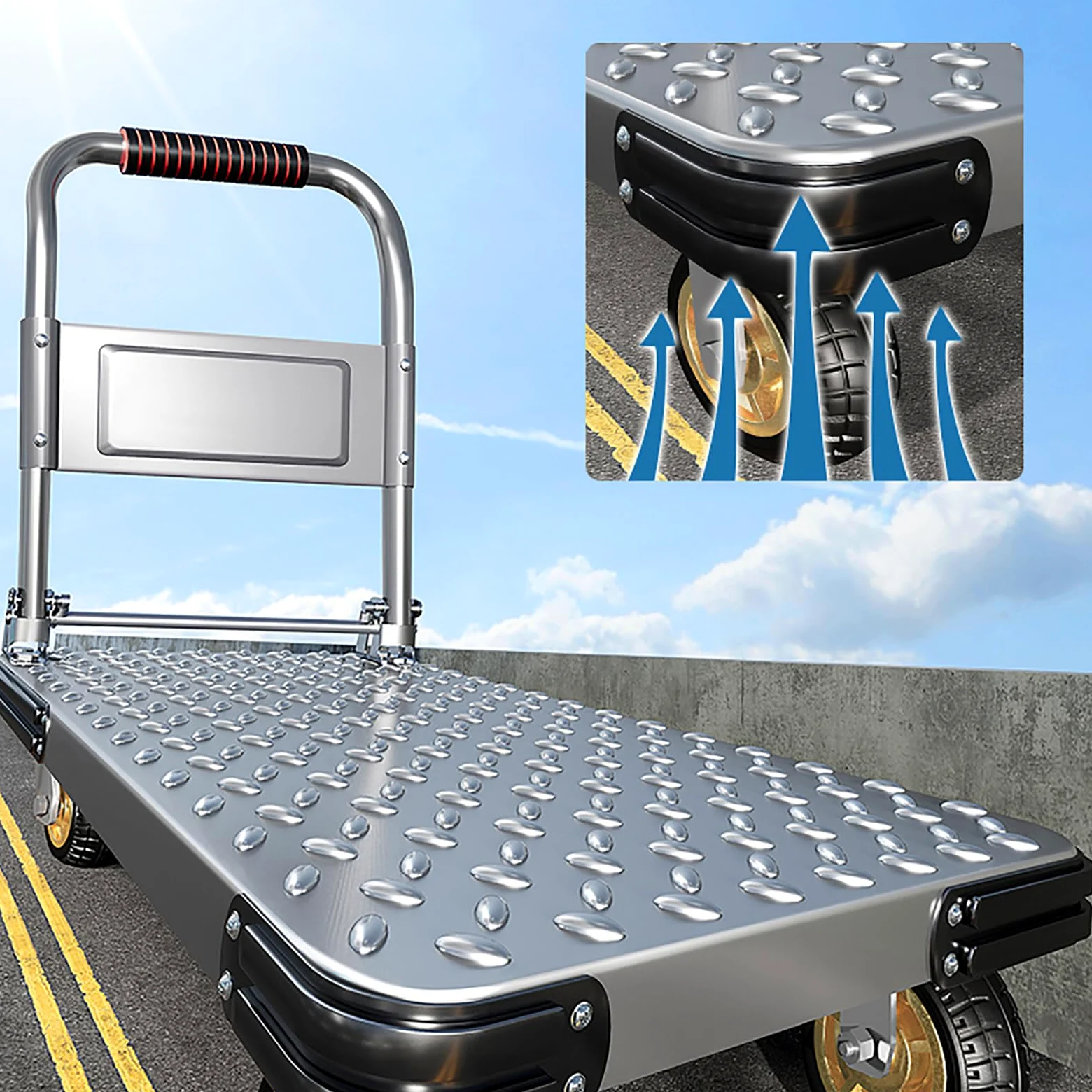 Carro de Plataforma, Carretilla de Plataforma Resistente de 350 kg, Carretilla Manual Resistente con asa, Carro de Plataforma rodante para elevación de Cargas Pesadas