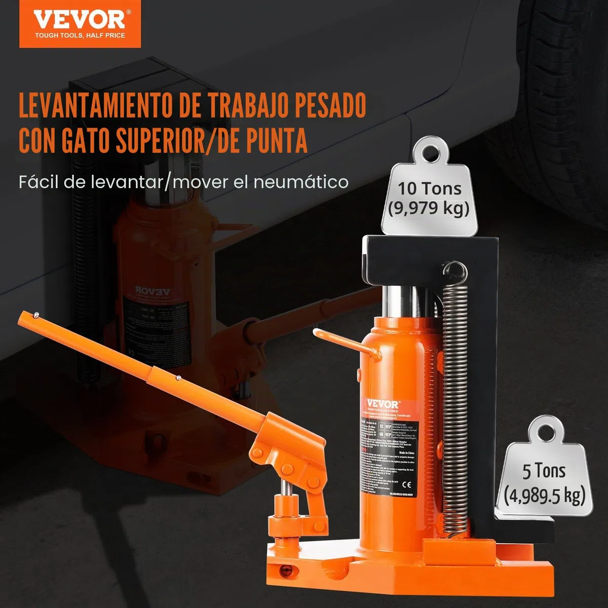 VEVOR Gato hidráulico de aire, plataforma elevadora, 5 t punta, 10 t punta, altura dedos 20-173 mm, altura superior 287-440 mm