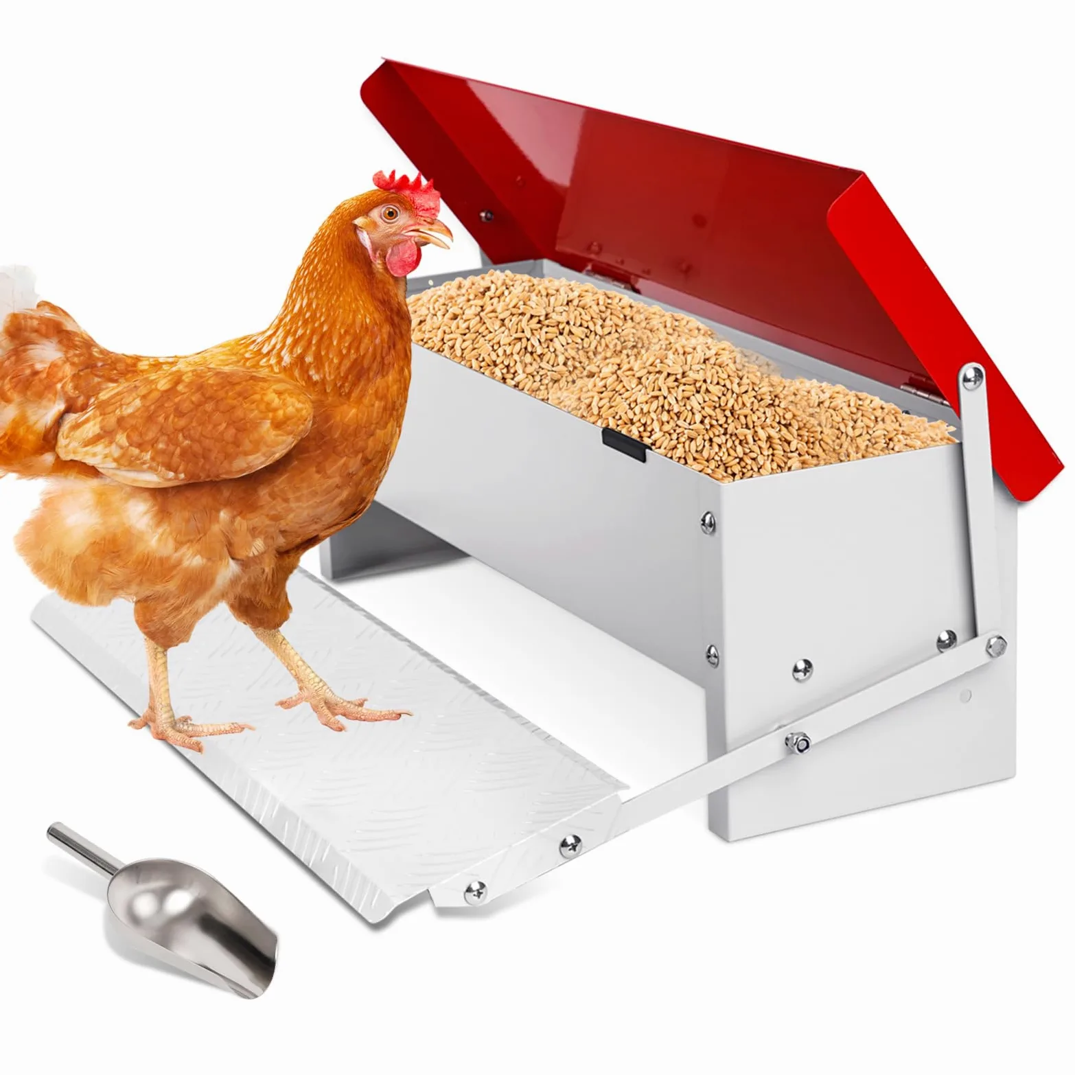 Comedero Automático para Gallinas, 7 Kg Metal con Pala de Acero Inoxidable, Comedero de Patos Para Exteriores, Sin Desperdicios con Tapa Resistente a la Intemperie para 6-12 Gallinas