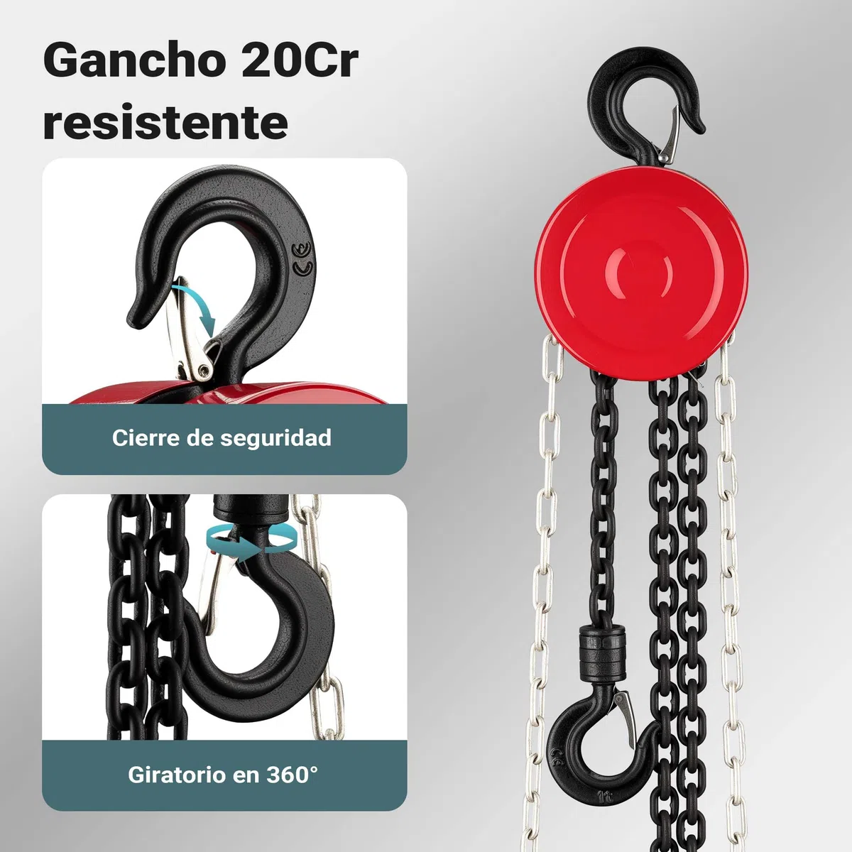 Polipasto manual de cadena 1000kg con cadena 3 m, elevación de cargas forestales, en talleres, etc.