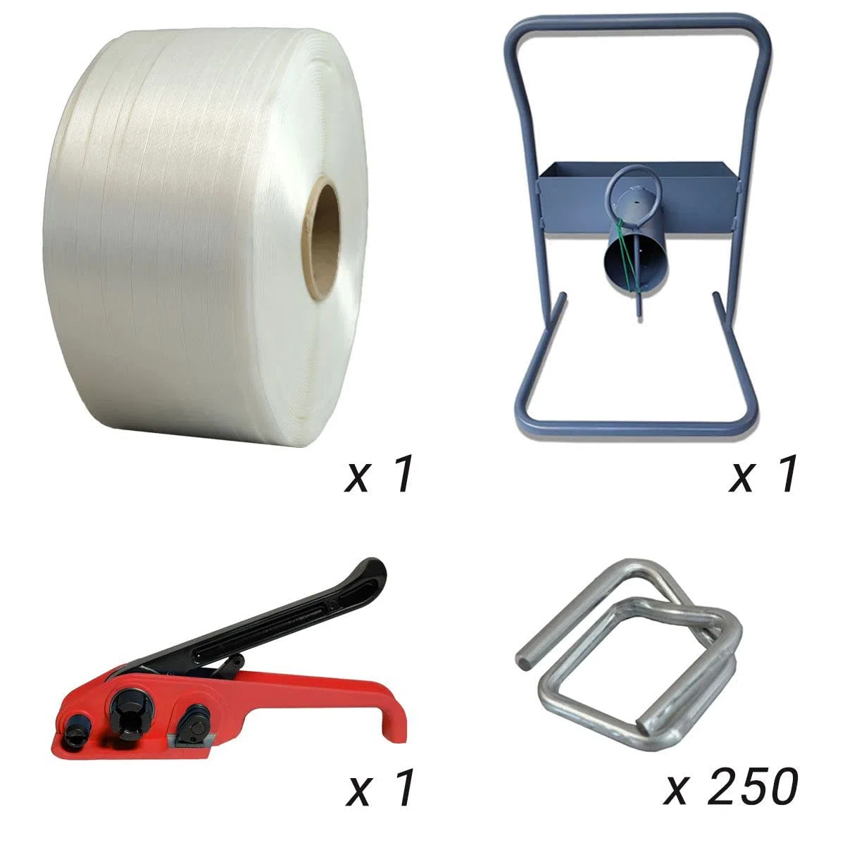 Kit 1 Fleje hilo a hilo 19 mm x 600 m + 1 tensor GRATIS + 1 dispensador + hebillas - Resistencia 550kg - TECPLAST KFF2