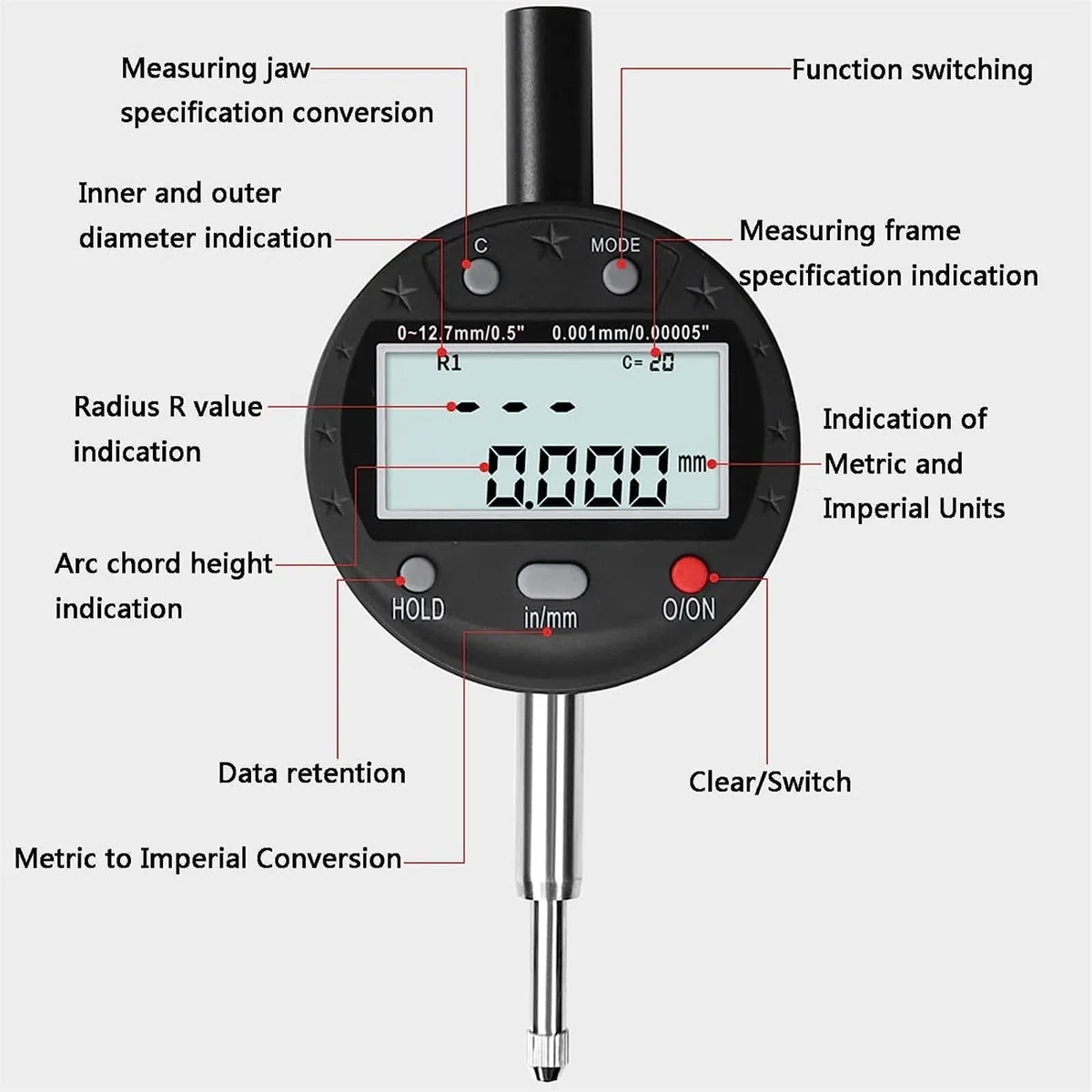 Medidor de radio digital multifunción, herramienta de medición de alta precisión con mandíbulas de 10 mm/20 mm/30 mm/60 mm/100 mm para piezas mecánicas y moldes de madera