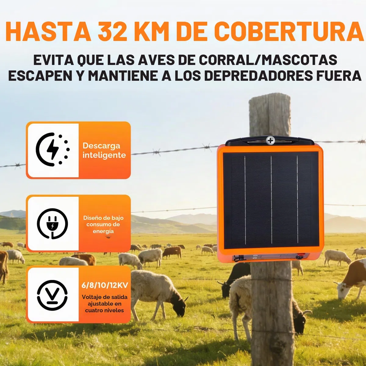 32KM Solar Pastor Electrico, 6-12 kV Pastor eléctrico Controlador para caballos, 2 J Valla eléctrica para cría de animales de pastor, para granja, pasto, jardín (naranja)