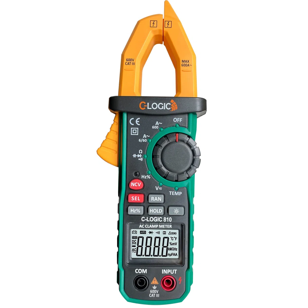 C-LOGIC 810 Pinza Amperimétrica Digital Profesional 6000 Cuentas NCV y Luz de Trabajo Tensión AC/DC 600V Corriente AC 600A Resistencia Capacitancia Frecuencia Temperatura Apertura 26mm. CAT III