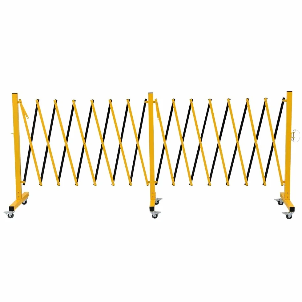 Barricada de metal expandible industrial de 7 metros, amarillo y negro, barrera de seguridad fácil de instalar con ruedas, barrera de seguridad móvil flexible, valla de tráfico ajustable
