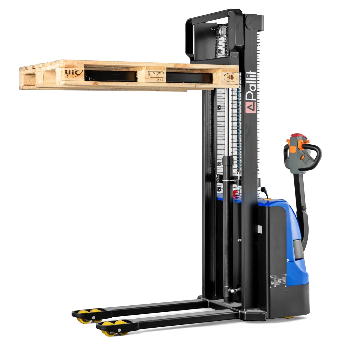 Transpaleta eléctrica Pallit BUDGET-XS | 1600 mm altura de elevación | 1200 kg capacidad de carga | incl. 2 baterías de plomo-gel | apilador eléctrico