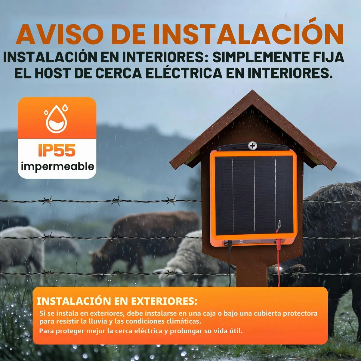 32KM Solar Pastor Electrico, 6-12 kV Pastor eléctrico Controlador para caballos, 2 J Valla eléctrica para cría de animales de pastor, para granja, pasto, jardín (naranja)