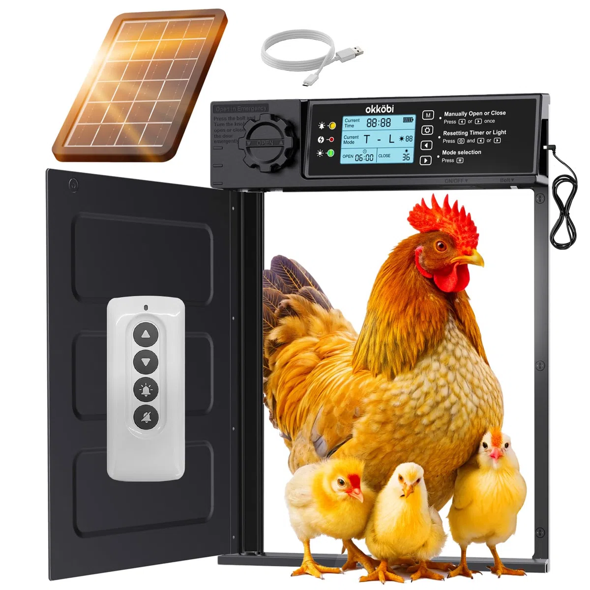 Puerta Gallinero Automatica Solar - Pro Version - Puerta Automatica Gallinero con Mando a Distancia, Sensor de luz y Temporizador - Seguridad: Función Anti-pellizco - Pantalla LCD - 5 años protección