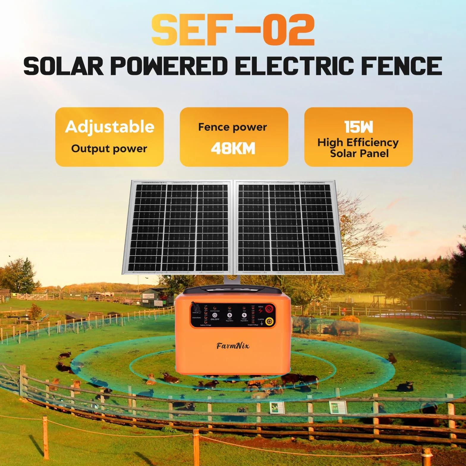 48KM Pastor Eléctrico Solar, Recinto eléctrico con panel solar de 15 W,0.3-1.5J, 6KV-12KV pastor eléctrico, para vacas, ganado, cría de aves de corral, pastor (naranja)