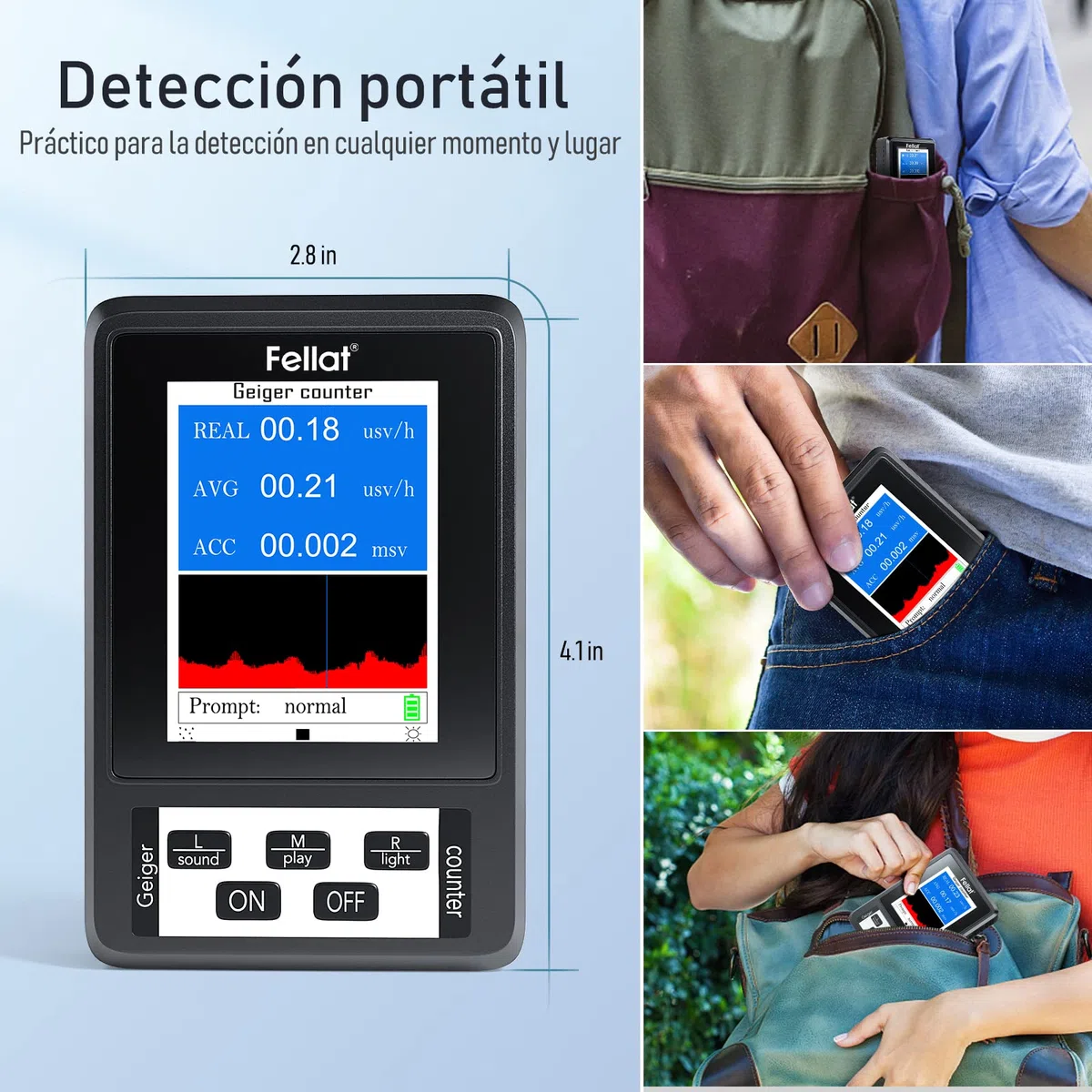 Detector de Radiación Nuclear Contador Geiger, Fellat Portátil Digital Dosimeter de Alta Sensibilidad Precisión Beta Gamma X-ray Monitor con Pantalla LCD Grande