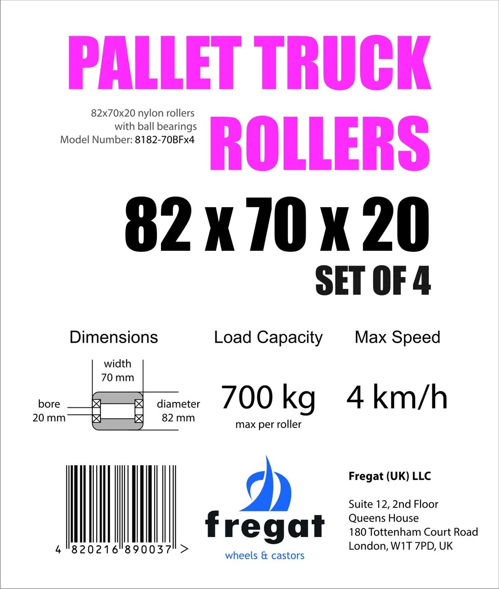 Juego de 4 rodillos de transpaleta (kit de 4, diámetro de 82 mm, ancho de 70 mm) rodillo de carga de nylon/rueda con rodamientos de bolas; orificio: 20 mm; dimensiones 82 x 70 x 20 mm; carga máxima: